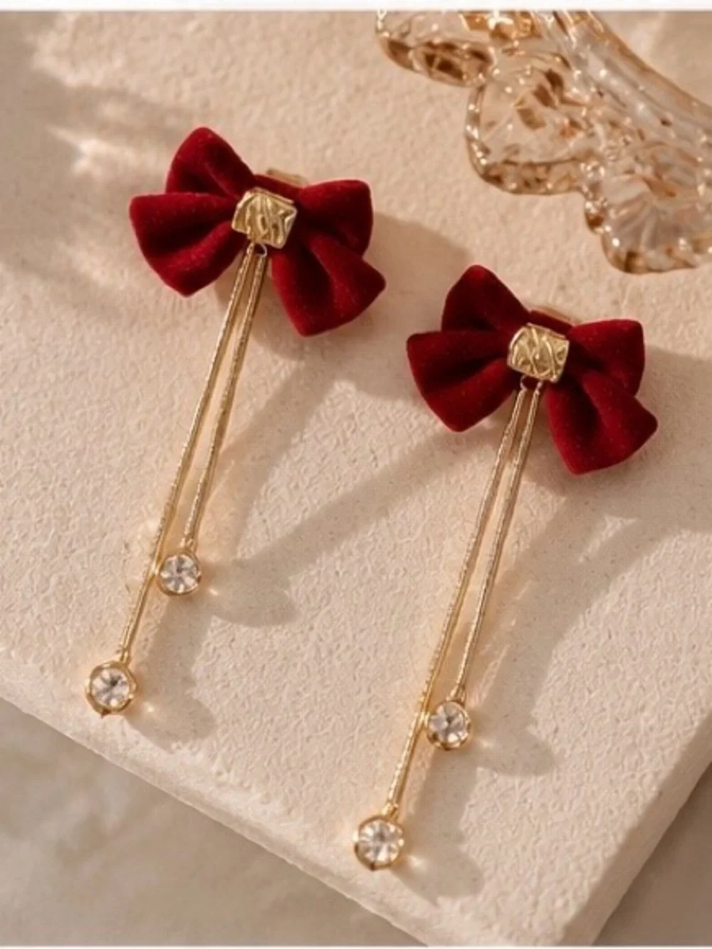 Burgundy Velvet Bow Earrings with Gold Drops